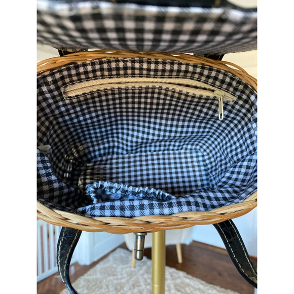 Vintage Wicker Basket Purse with Black Faux Croc Leather Trim & Gingham Lining - Picture 10 of 10